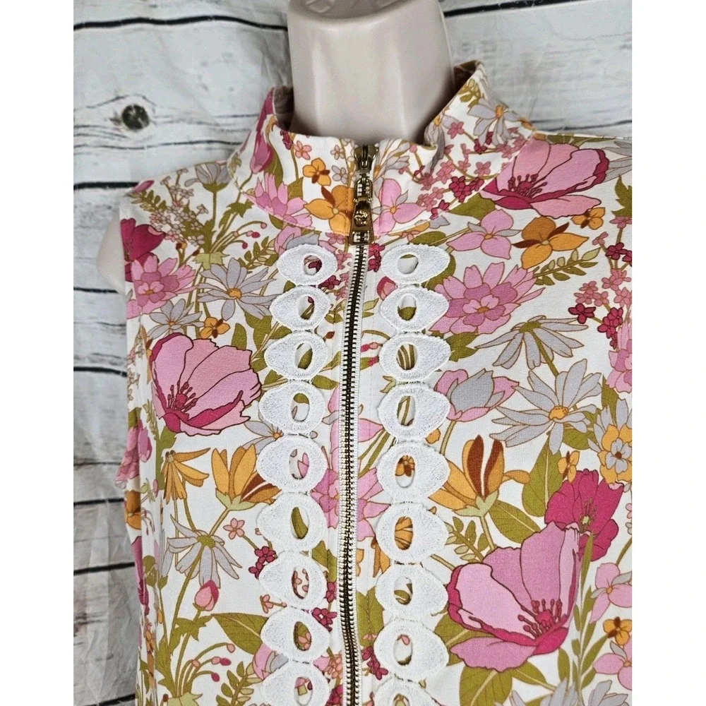 Spartina 449 Floral 1/4 Zip Dress L Sleeveless Crochet Trim Cotton Blend Womens